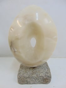 Carved & polished alabaster sculpture on granite base by Arthur Saltzman, sculpture is 22" tall, 14"