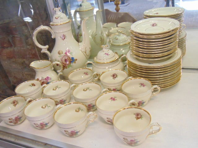 Danish KPM tea set, teapot, sugar & creamer, 11 cups with 12 saucers, 12 cake plates, Kjobenhavn: Danish KPM tea set, teapot, sugar & creamer, 11 cups with 12 saucers, 12 cake plates, Kjobenhavn Porcellains Maleri, floral decorated