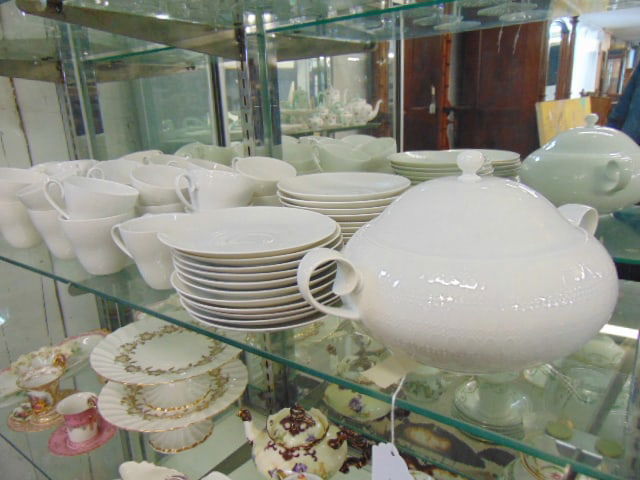 Partial Rosenthal china set, covered bowl, 24 saucers, 23 regular cup & 8 wide cups, in all white (1 of 7)