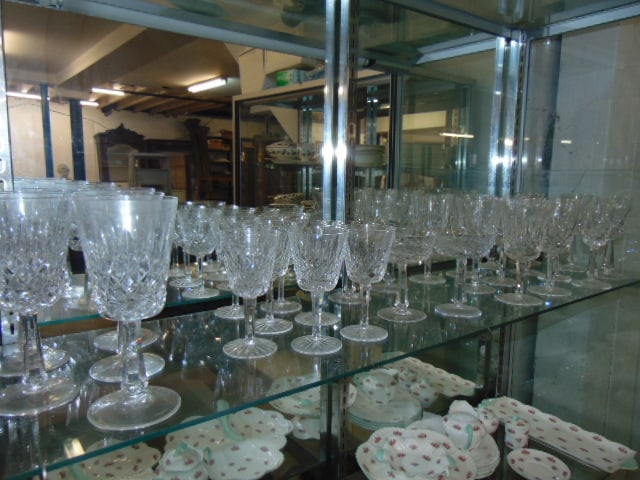 Lot crystal stemware by Waterford, 29 misc. stems, 5 large wine, 6 medium wine, 7 small wine, 4: Lot crystal stemware by Waterford, 29 misc. stems, 5 large wine, 6 medium wine, 7 small wine, 4 cocktail (one with small chip) & 7 misc.