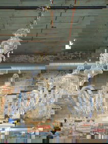 Waterford crystal chandelier with 5 arms, hanging crystals, bottom cover is as is, missing some