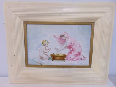 Porcelain plaque, putti & woman in snow warming hands, signed "A. Berthe Bley, Berethe Puscault", 7