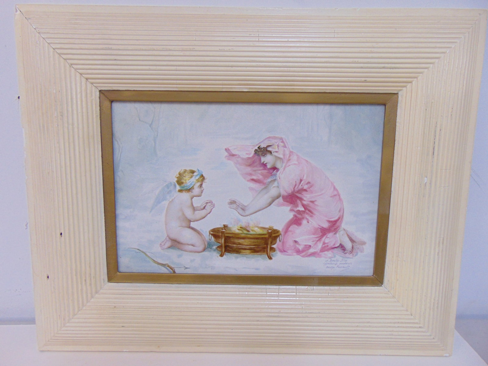 Porcelain plaque, putti & woman in snow warming hands, signed "A. Berthe Bley, Berethe Puscault", 7: Porcelain plaque, putti & woman in snow warming hands, signed "A. Berthe Bley, Berethe Puscault", 7 5/8" by 11 5/8" (porcelain sight)