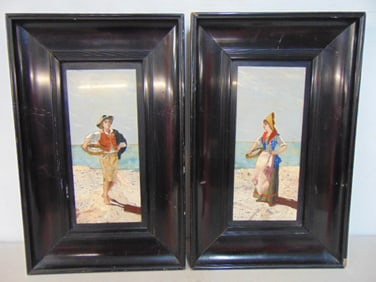 Pair marble, Pietra Dura inlaid scenes, woman & man with fish basket by shore, in ebonized frames,