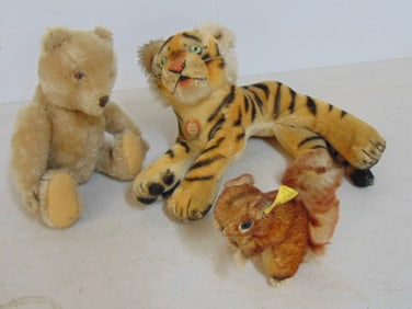 3 vintage Steiff animals, tiger, squirrel & small teddy bear, bear has no button.