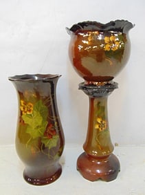 Standard glaze umbrella stand plus jardiniere & pedestal, pedestal has been restored, as is, height