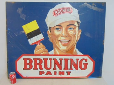 Painted advertising sign on metal, "Bruning Paint", 35" by 44"