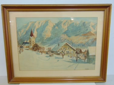 Painting, Alpine scene with small village, signed R. Ehrlich, watercolor, 25" by 32.5"