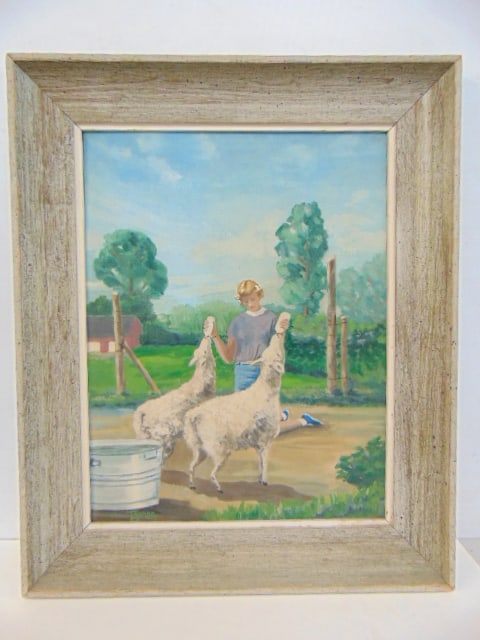 Painting, girl bottle feeding sheep, signed Truman Handy, oil on canvas board, 22.75" by 18.75": Painting, girl bottle feeding sheep, signed Truman Handy, oil on canvas board, 22.75" by 18.75"