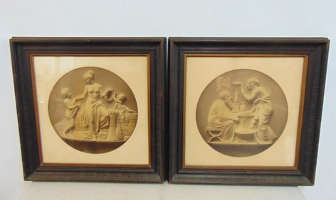 Two large Victorian framed photographs of neoclassical plaques, 26" by 26"