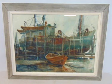 Painting, "Rain in Gloucester", signed Betty Lou Schlemm, watercolor, label on reverse, 28.5" by