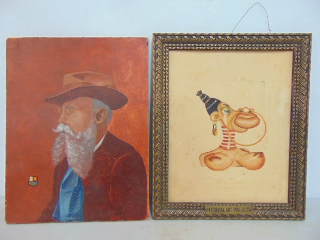 2 paintings, portrait man signed Voos 1933 & caricature watercolor signed (on reverse frame ) R.C.: 2 paintings, portrait man signed Voos 1933 & caricature watercolor signed (on reverse frame ) R.C. Woodbery, 11.5" by 9.75"