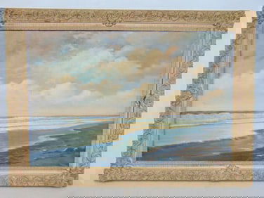 Painting, seascape with beach, signed H.D. Froot, oil on canvas, 42.5" by 30.5"
