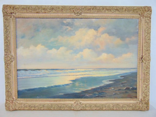 Painting, seascape with beach, signed H.D. Froot, oil on canvas, 42.5" by 30.5" (1 of 4)