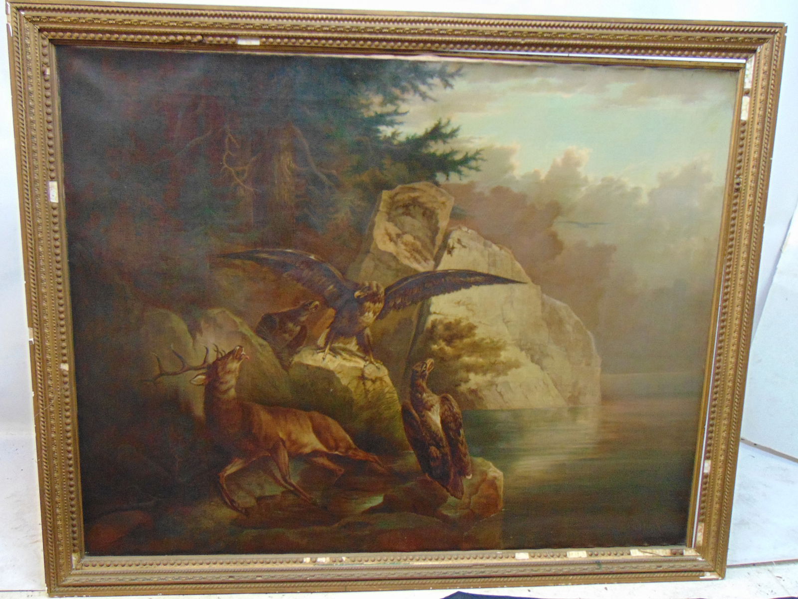 Painting, Vultures with deer by lake, signed G.A. Flack, 1894, oil on canvas, 42.5" by 52.75" (1 of 6)