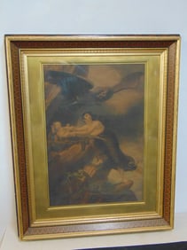 Print in fine quality Victorian frame, woman removing baby from eagle nest, frame in gilt &