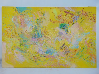 Large painting, abstract in yellow, signed (back) P. Golfinopoulos (Peter), 1977, oil on canvas,
