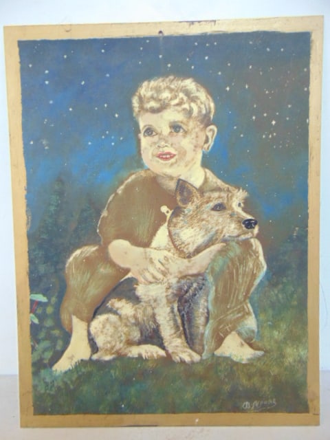 Painting, boy with dog, painted on metal, signed B. Moore, 17" by 13": Painting, boy with dog, painted on metal, signed B. Moore, 17" by 13"