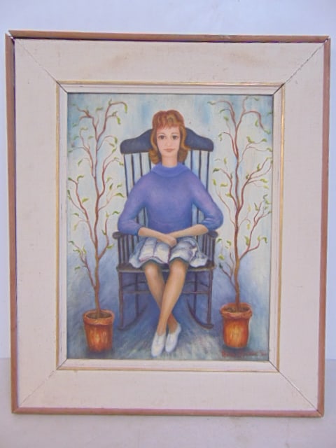Painting, lady on chair, signed Anne Gordon, '62, oil on canvas board, 24.25" by 20.25" (1 of 5)