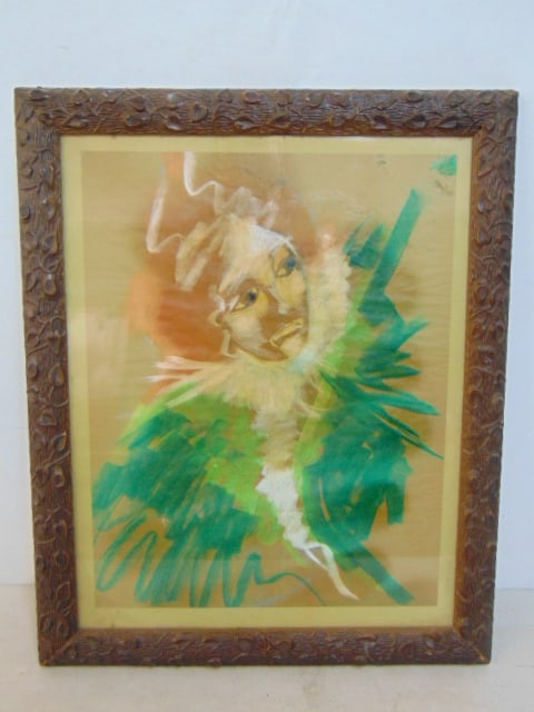 Painting, face, figure, signed illegibly, watercolor on paper, in rustic leaf decorated frame, 23": Painting, face, figure, signed illegibly, watercolor on paper, in rustic leaf decorated frame, 23" by 19"
