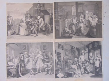 Set 4 Hogarth engravings, "Vanity of Age"; "Vanity of Youthful Blood"; "The School of Hard" &