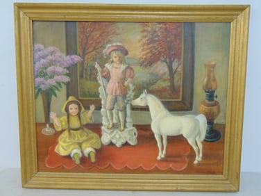 Painting, "White Stallion", signed Thomas Attardi, oil on canvas, unusual still-life with flowers,