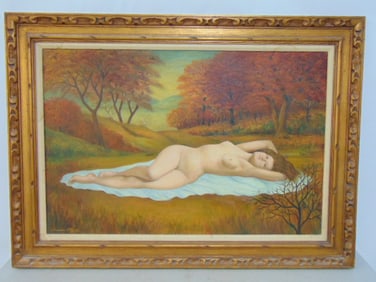 Painting, nude in landscape, signed Thomas Attardi, oil on canvas, 32" by 44"
