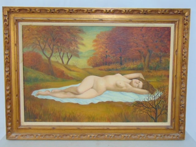 Painting, nude in landscape, signed Thomas Attardi, oil on canvas, 32" by 44": Painting, nude in landscape, signed Thomas Attardi, oil on canvas, 32" by 44"