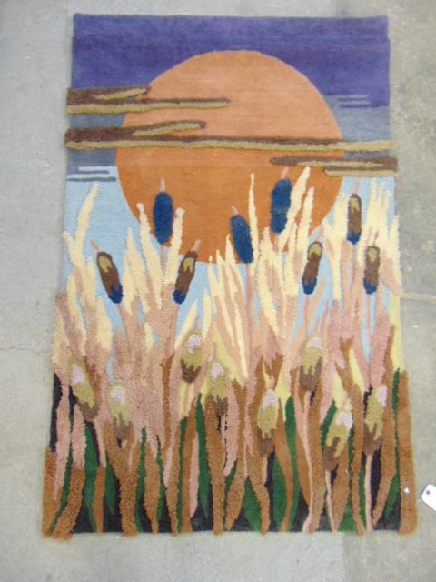 Wool wall hanging, rug, cattails with sun in background, 65" by 42" (1 of 5)