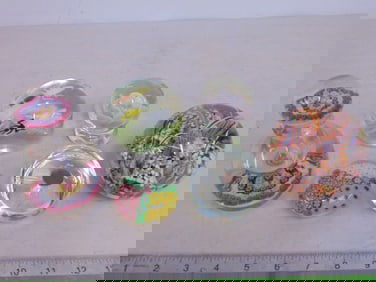 5 art glass paperweights & perfume with stopper, 3 floral designs, one with Indian head penny & one