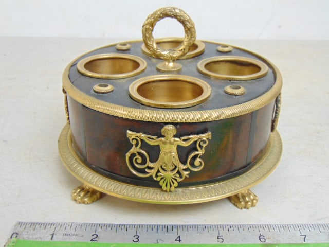 French "Encrier" or inkstand, circular shaped with wood veneer exterior and gilt bronze inserts,: French "Encrier" or inkstand, circular shaped with wood veneer exterior and gilt bronze inserts, handle, claw feet & decorative accents, 7" in diameter, height is 5.75"