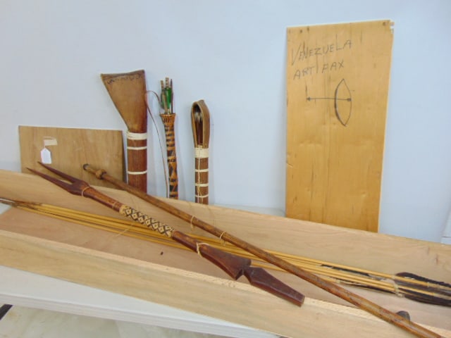 Lot Venezuelan "Artifax", crate found in storage unit, contains various item, bow, large arrows, (1 of 8)