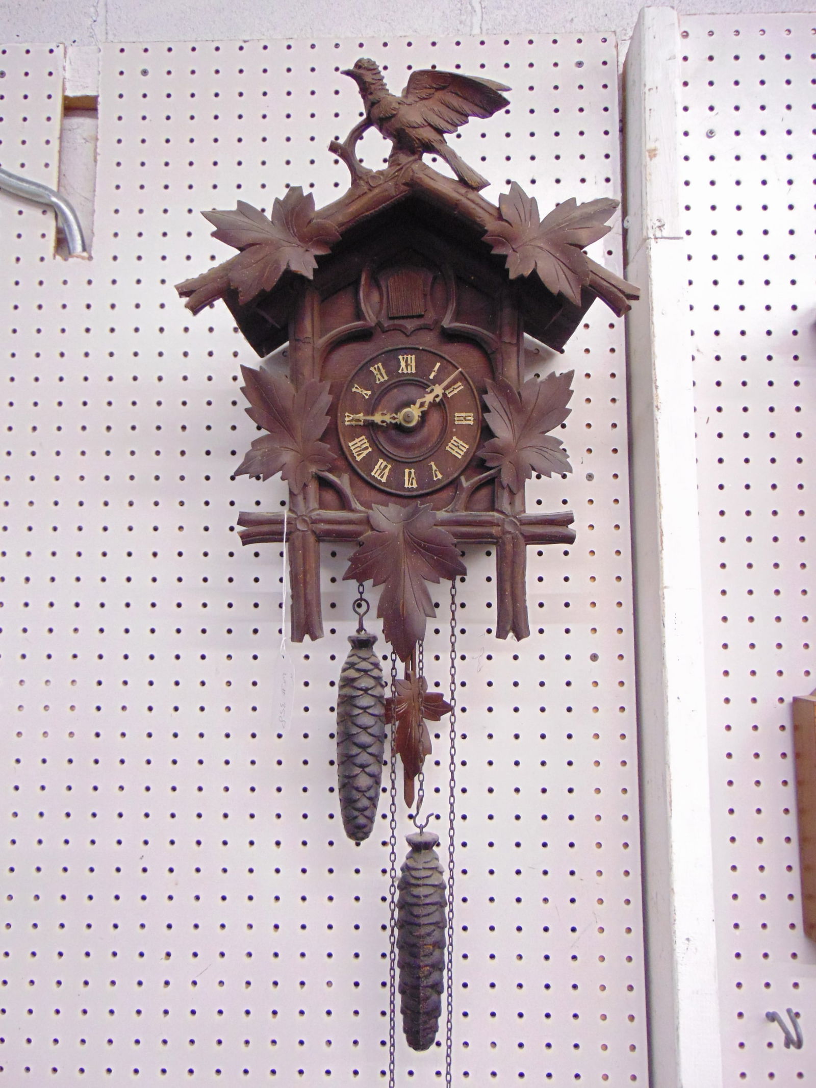Antique cuckoo clock with carved bird top & oak leaves, pinecone weights, case is 18" (excluding oak (1 of 4)