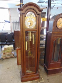 Howard Miller tall case clock with three weights, beveled glass door & sides, missing back panel,