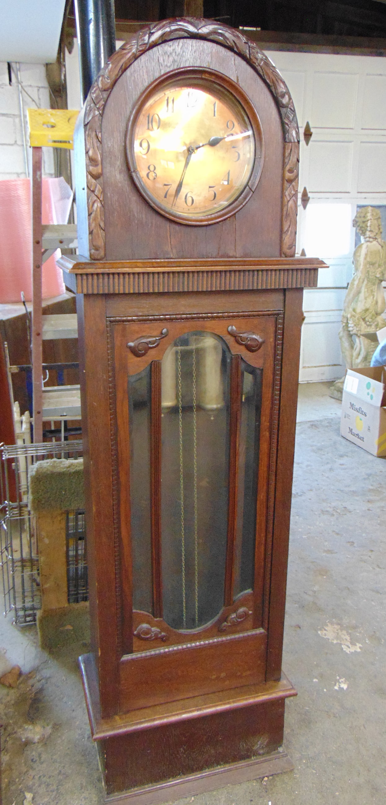 Grandfather clock, domed top 1930's German design, copper face, two weights, pendulum needs repair, (1 of 5)