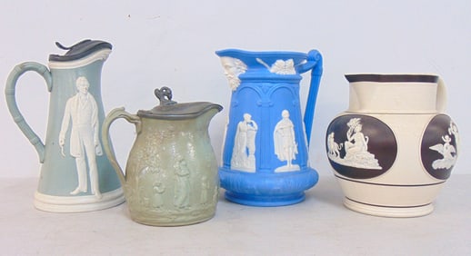 4 pitchers, 3 Wedgwood style 19th Century & Imperial Ironstone pewter lidded pitcher, tallest