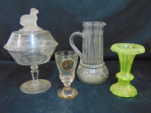 4 pieces of glass, covered compote with dog finial and etched hunt scenes; etched glass pitcher, (1 of 11)