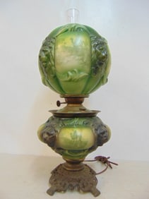 Gone with the Wind lamp with green glass globes, decorated with lion heads & various ( middle east)