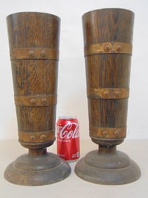 Pair oak arts & crafts vases with zinc liners, barrel form, vases are 14.4" tall