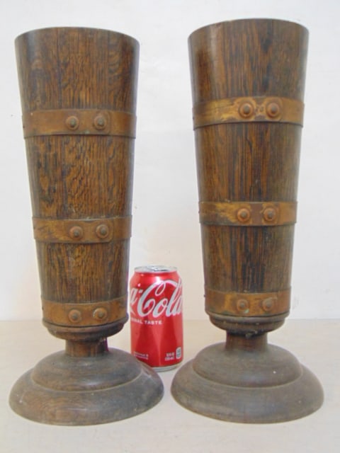 Pair oak arts & crafts vases with zinc liners, barrel form, vases are 14.4" tall: Pair oak arts & crafts vases with zinc liners, barrel form, vases are 14.4" tall