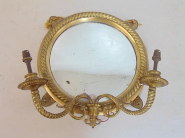 Brass mirrored back wall sconce with round convex mirror, rope edge (nautical ?), has two sockets,