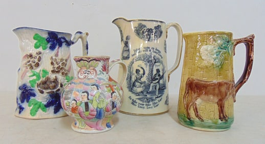 4 pitchers, "I Plays upon de banjo And dey call it Lucy Long", ironstone mug with various scenes