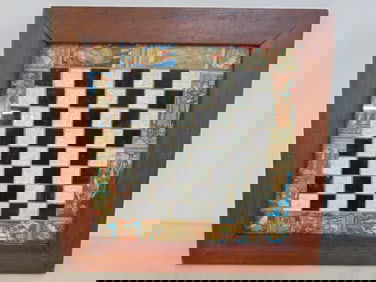Glass chess board with border decorated with medieval figures, board is 18.25" by 18.25"
