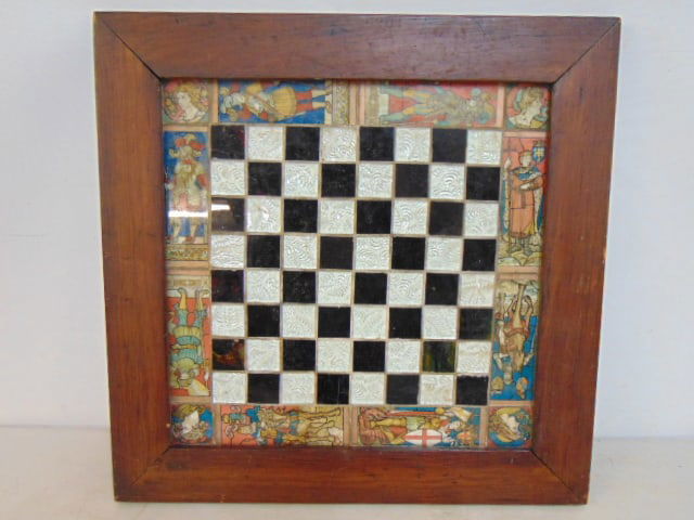 Glass chess board with border decorated with medieval figures, board is 18.25" by 18.25" (1 of 5)