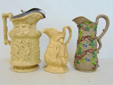 3 19th Century pitchers, Tam O'Shanter Souter Johnnie relief molded pitcher, 1844 British Charles