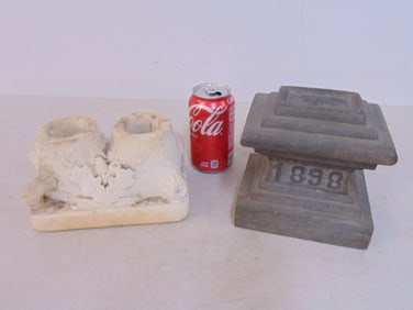 2 stone carvings, base to statue, marked "A.M.G.", opposite side dated 1898 & marble carving, two