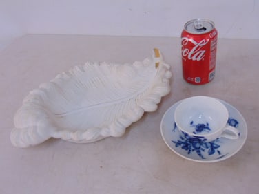 Meissen blue & white cup & saucer & French porcelain leaf shaped dish with gilt accents, dish is
