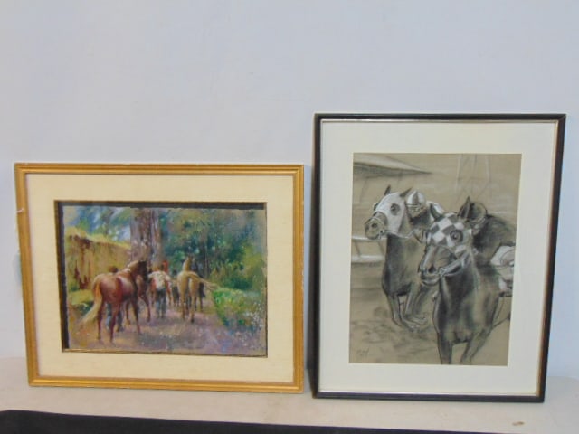 Painting & drawing, figures with horses, signed Fay Moore, 17 1/8" by 21 1/8" & drawing, horse race, (1 of 6)