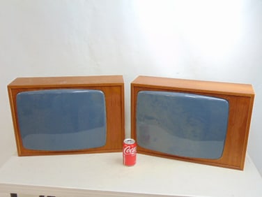 Two TV sculptures, teak case with faux plastic screens, one is loose, marked "made in Denmark",