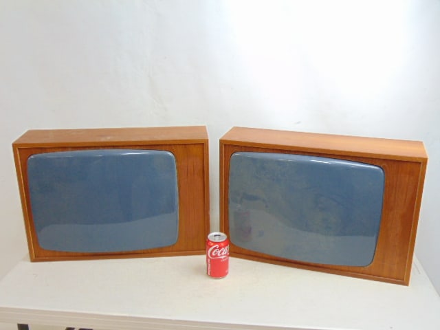 Two TV sculptures, teak case with faux plastic screens, one is loose, marked "made in Denmark",: Two TV sculptures, teak case with faux plastic screens, one is loose, marked "made in Denmark", 21.75" wide, 6" deep, height is 15"